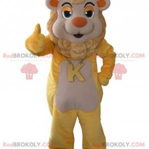 Yellow and beige lion mascot with a crown on his head -