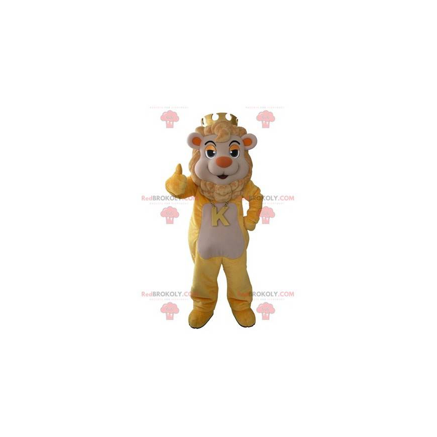 Mascota león amarillo y beige con una corona en la cabeza. -