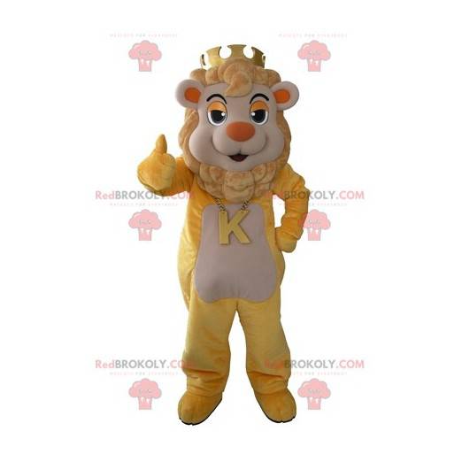 Geel en beige leeuw mascotte met een kroon op zijn hoofd -