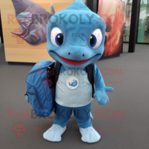 Sky Blue Barracuda mascot costume character dressed with a Long Sleeve Tee and Backpacks