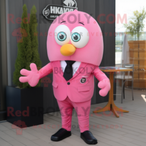 Pink Shakshuka mascot costume character dressed with a Suit Jacket and Ties