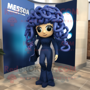 Navy Medusa mascot costume character dressed with a Jumpsuit and Headbands