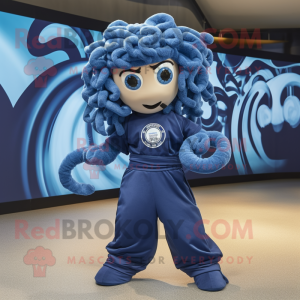 Navy Medusa mascot costume character dressed with a Jumpsuit and Headbands