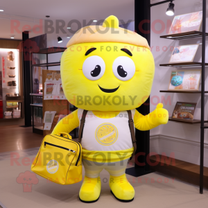 Lemon Yellow Cupcake mascot costume character dressed with a Henley Shirt and Messenger bags