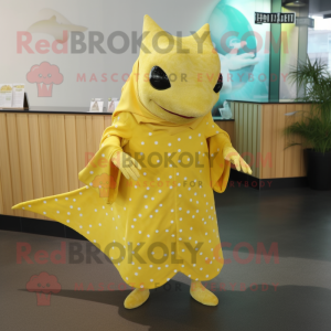 Yellow Stingray mascot costume character dressed with a Wrap Dress and Cufflinks