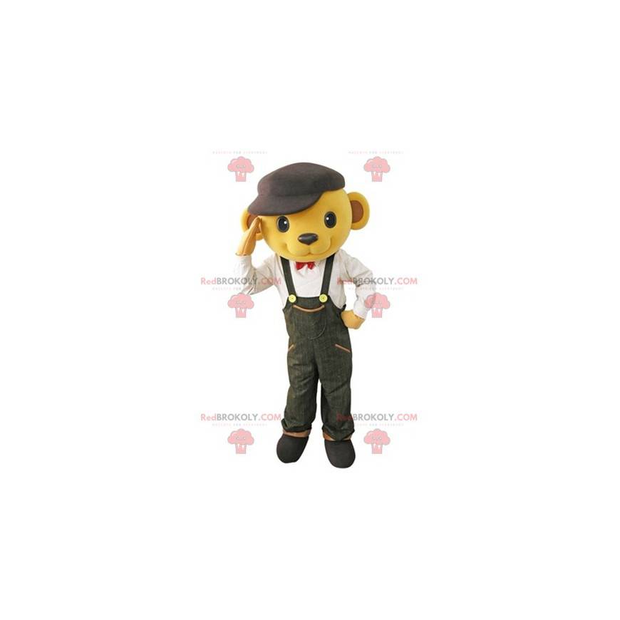 Yellow bear mascot dressed in overalls with a beret -
