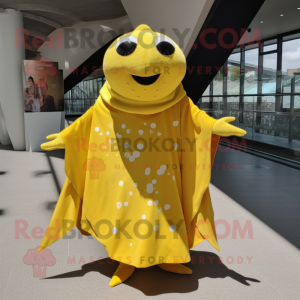 Yellow Stingray mascot costume character dressed with a Wrap Dress and Cufflinks