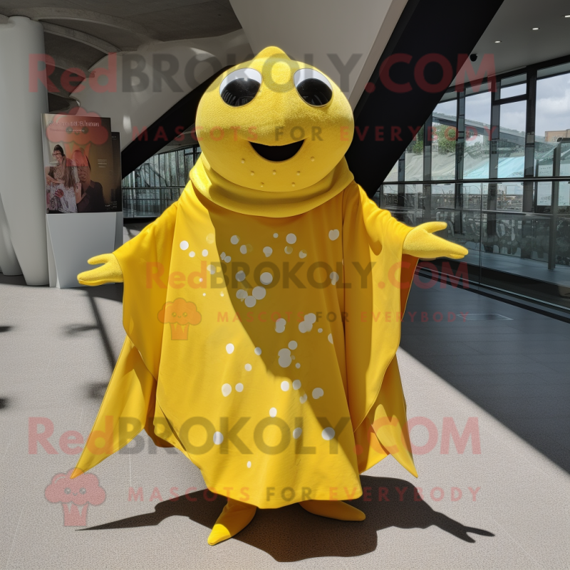 Yellow Stingray mascot costume character dressed with a Wrap Dress and Cufflinks Yellow Stingray mascot costume character dressed with a Wrap Dress and Cufflinks