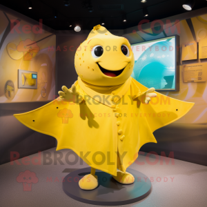 Yellow Stingray mascot costume character dressed with a Wrap Dress and Cufflinks