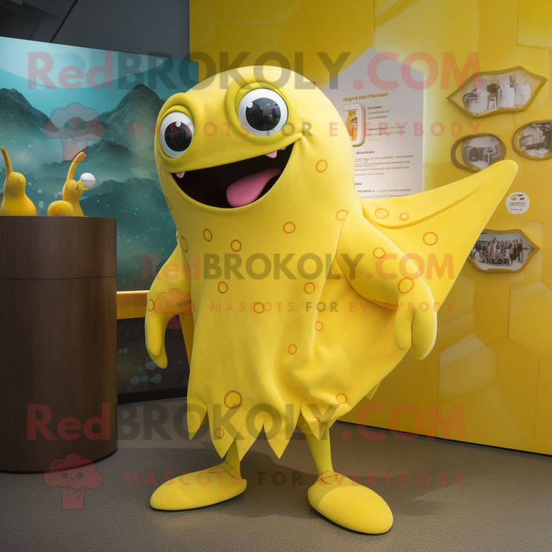 Yellow Stingray mascot costume character dressed with a Wrap Dress and Cufflinks