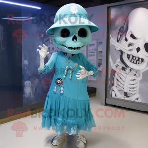 Cyan Skull mascot costume character dressed with a Wrap Dress and Hat pins