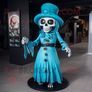 Cyan Skull mascot costume character dressed with a Wrap Dress and Hat pins