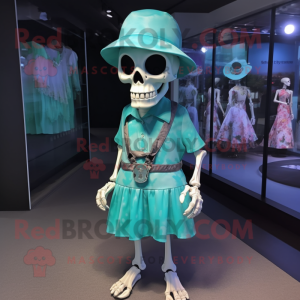 Cyan Skull mascot costume character dressed with a Wrap Dress and Hat pins