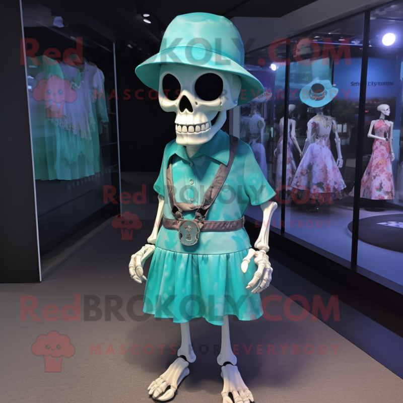 Cyan Skull mascot costume character dressed with a Wrap Dress and Hat pins Cyan Skull mascot costume character dressed with a Wrap Dress and Hat pins