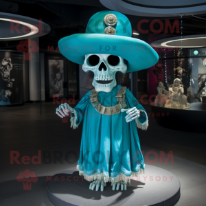 Cyan Skull mascot costume character dressed with a Wrap Dress and Hat pins