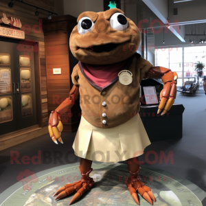 Brown Crab mascot costume character dressed with a Empire Waist Dress and Lapel pins