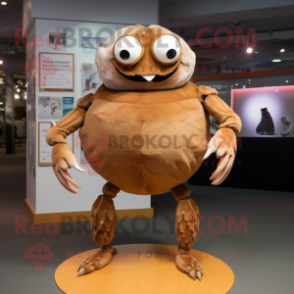 Brown Crab mascot costume character dressed with a Empire Waist Dress and Lapel pins