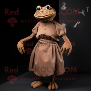 Brown Crab mascot costume character dressed with a Empire Waist Dress and Lapel pins