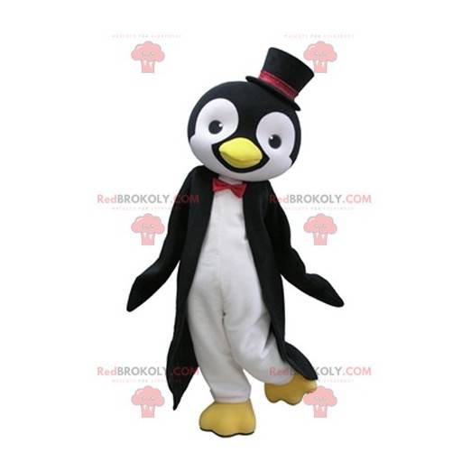 Mascotte del pinguino in bianco e nero con un cappello a