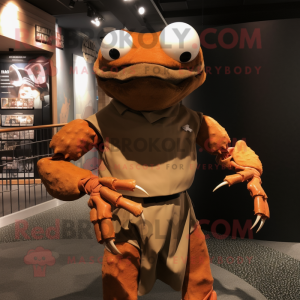Brown Crab mascot costume character dressed with a Empire Waist Dress and Lapel pins