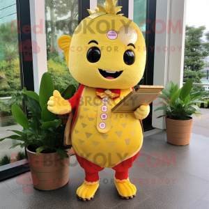 Gold Raspberry mascot costume character dressed with a Sheath Dress and Wallets