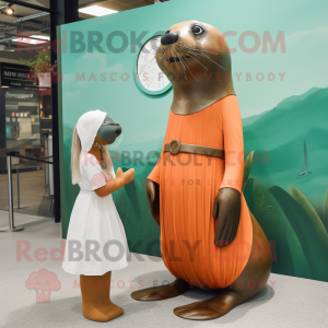 Rust Sea Lion mascot costume character dressed with a Mini Dress and Watches