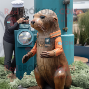 Rust Sea Lion mascot costume character dressed with a Mini Dress and Watches