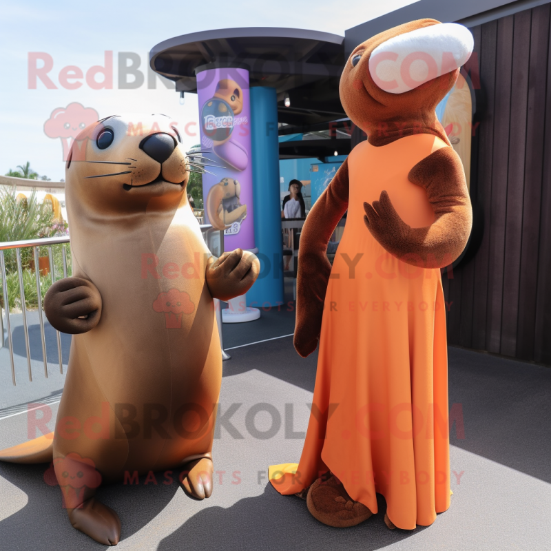 Rust Sea Lion mascot costume character dressed with a Mini Dress and Watches