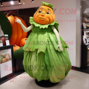 Orange Cabbage Leaf mascot costume character dressed with a Ball Gown and Clutch bags