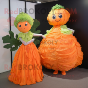 Orange Cabbage Leaf mascot costume character dressed with a Ball Gown and Clutch bags