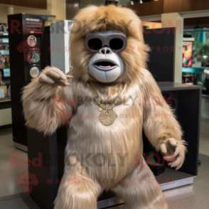 Beige Gorilla mascot costume character dressed with a Skirt and Sunglasses