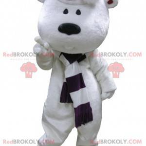 Big white teddy bear mascot with a scarf and a hat -