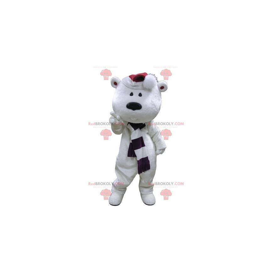 Big white teddy bear mascot with a scarf and a hat -