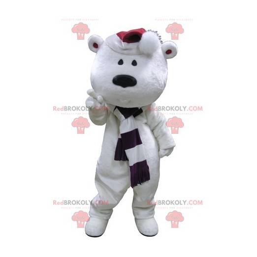 Big white teddy bear mascot with a scarf and a hat -