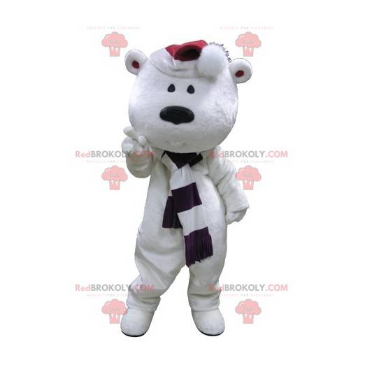 Grote witte teddybeer mascotte met een sjaal en een hoed -