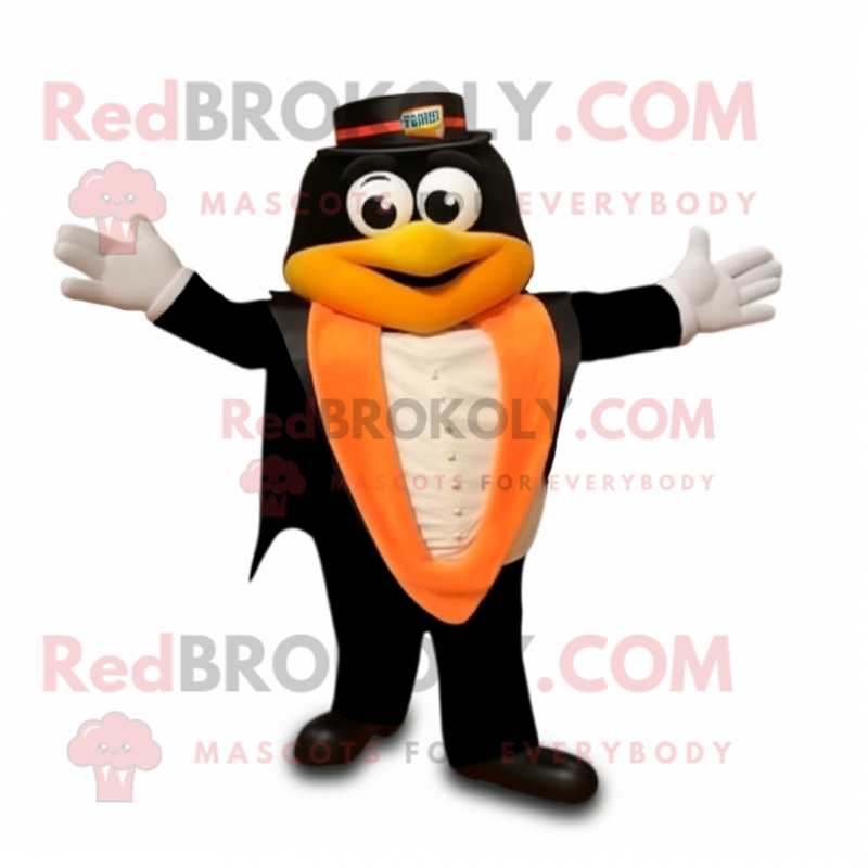 Peach Enchiladas mascot costume character dressed with a Tuxedo and Gloves Peach Enchiladas mascot costume character dressed with a Tuxedo and Gloves