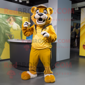 Yellow Saber-Toothed Tiger mascot costume character dressed with a Bermuda Shorts and Shoe laces