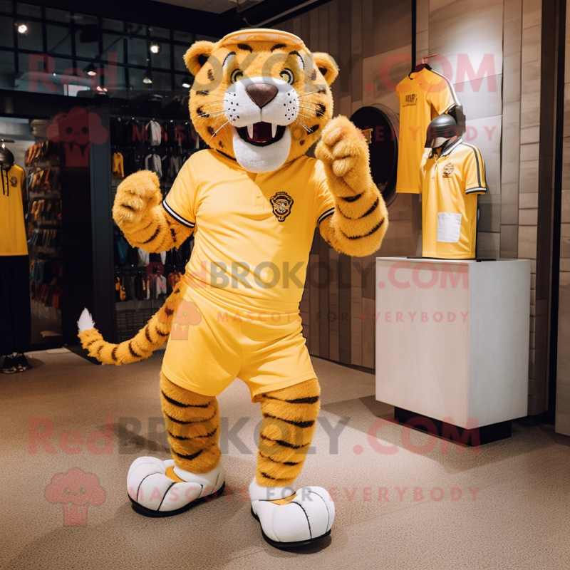 Yellow Saber-Toothed Tiger mascot costume character dressed with a Bermuda Shorts and Shoe laces