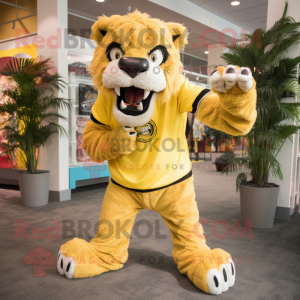 Yellow Saber-Toothed Tiger mascot costume character dressed with a Bermuda Shorts and Shoe laces