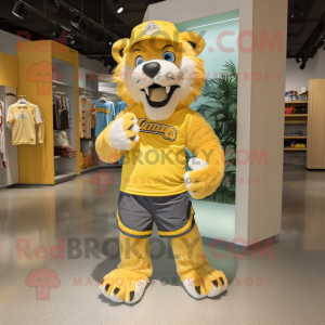 Yellow Saber-Toothed Tiger mascot costume character dressed with a Bermuda Shorts and Shoe laces