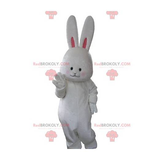Mascote coelho branco fofo e fofo com orelhas grandes -