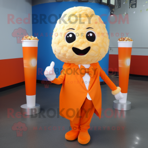 Orange Pop Corn mascot costume character dressed with a Wrap Dress and Tie pins
