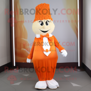 Orange Pop Corn mascot costume character dressed with a Wrap Dress and Tie pins