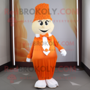 Orange Pop Corn mascot costume character dressed with a Wrap Dress and Tie pins