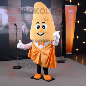 Orange Pop Corn mascot costume character dressed with a Wrap Dress and Tie pins