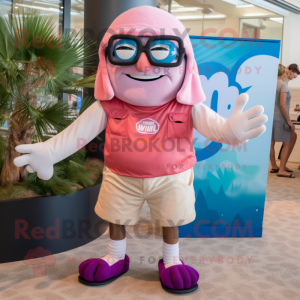 Pink Clam Chowder mascot costume character dressed with a Board Shorts and Eyeglasses