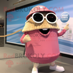 Pink Clam Chowder mascot costume character dressed with a Board Shorts and Eyeglasses