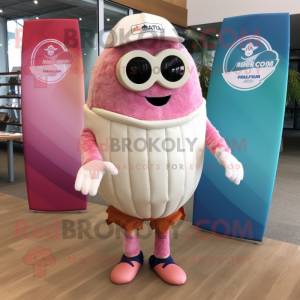 Pink Clam Chowder mascot costume character dressed with a Board Shorts and Eyeglasses
