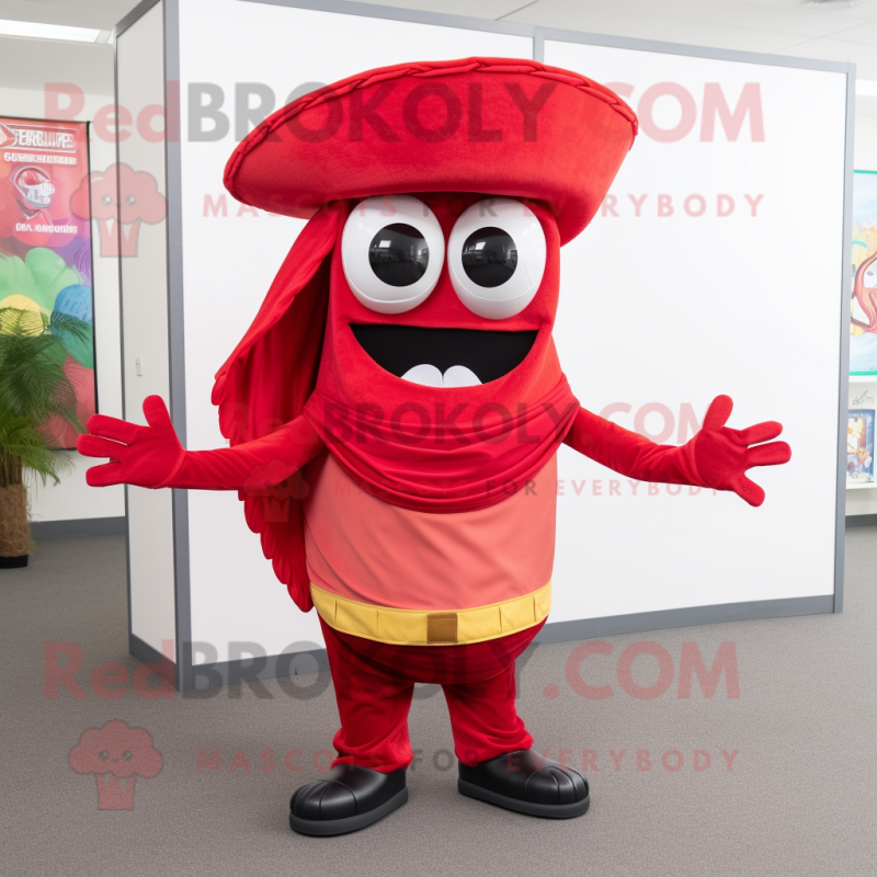 Red Tacos mascot costume character dressed with a Trousers and Scarf clips Red Tacos mascot costume character dressed with a Trousers and Scarf clips