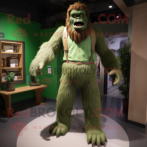Green Sasquatch mascot costume character dressed with a Culottes and Suspenders